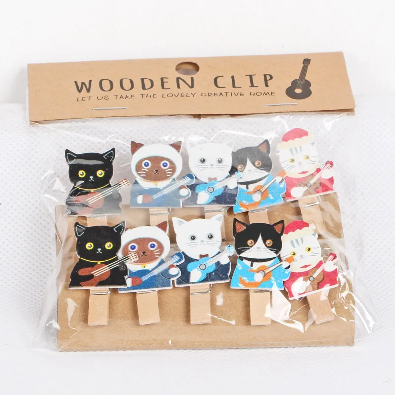 10pcs 35x7mm DIY Guitar Cat Lovely Wood Clothes Pegs Clothespin Clips Office Party Decoration Accessories Photo Hanging Pegs