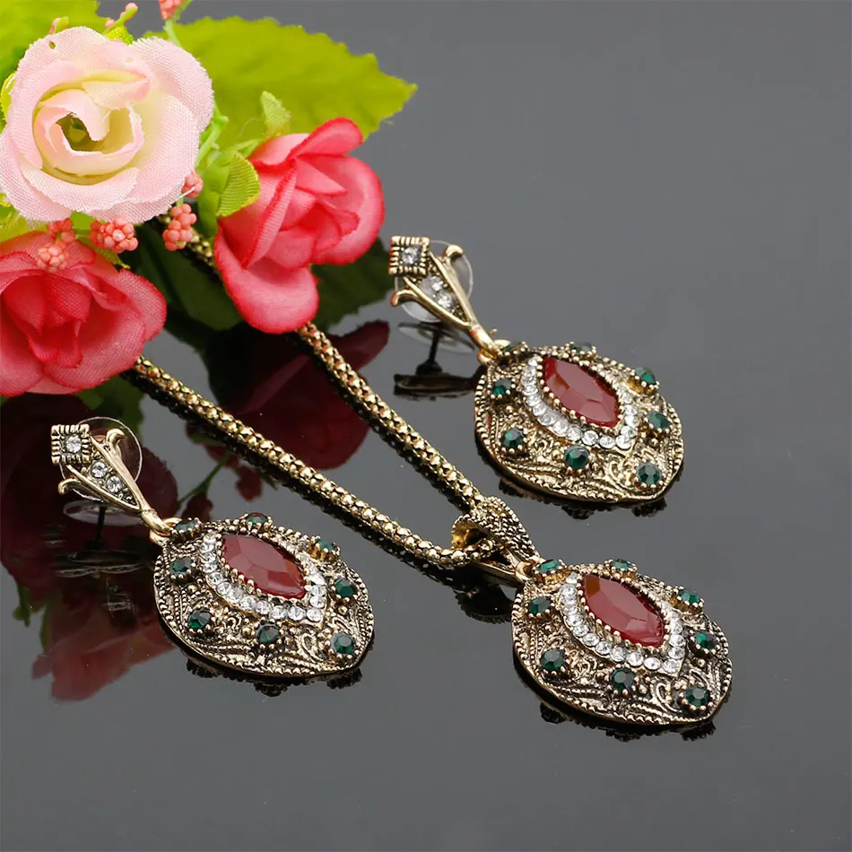 Vintage Bronze Oval Jewelry Sets Women Antique Resin Relief Flower Drop Earrings Pendant Necklace Turkish Ethnic Wedding Bijoux