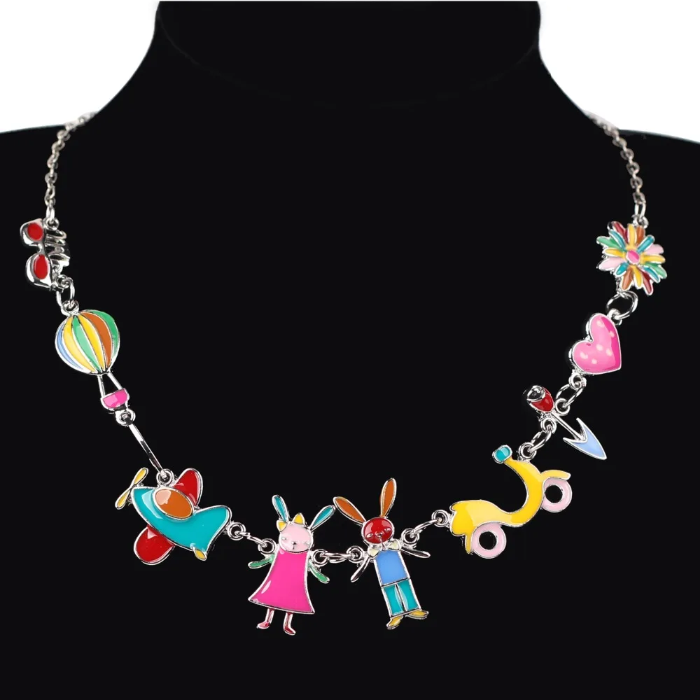 Bonsny Maxi Alloy Rabbit PLANE  Necklace Chain Enamel Jewelry Colorful Pendant 2017 New Fashion Jewelry For Women Statement