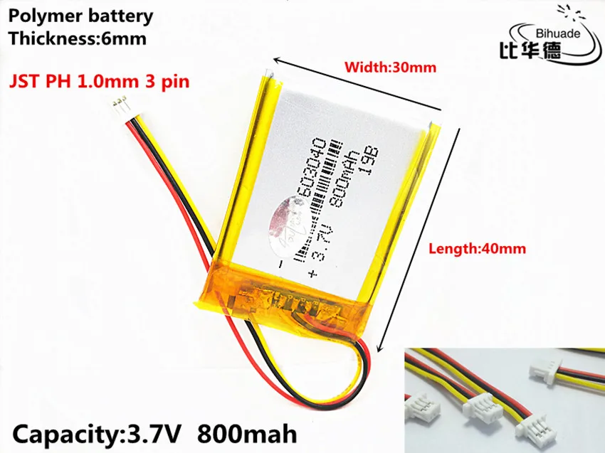 JST PH 1.0mm 3 pin Liter energy battery 3.7V,800mAH 603040 Polymer lithium ion / Li-ion battery for tablet pc BANK,GPS,mp3,mp4