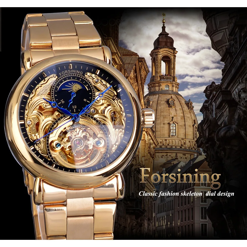 Forsining Mens Skeleton Automatic Mechanical Watch Golden Vintage Moon Phase Steel Male Wristwatch Top Brand Luxury Montre Homme