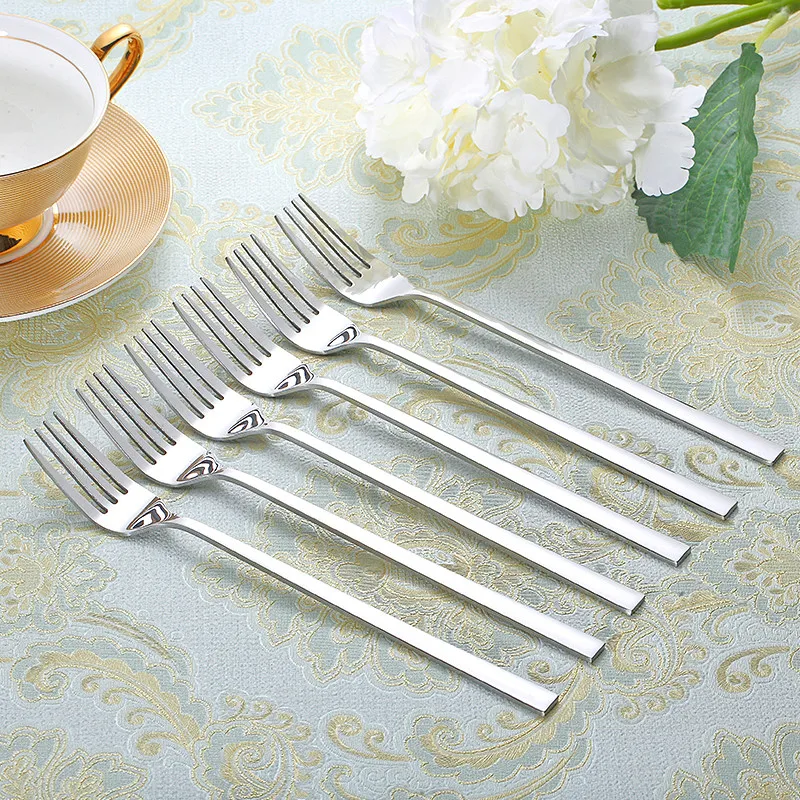 8.5'' 21.5CM Stainless Steel Dinner Fork and Spoon Set Korean Long Handle Table Forks Steak Salad Fruit Silver Cutlery 6-10pcs