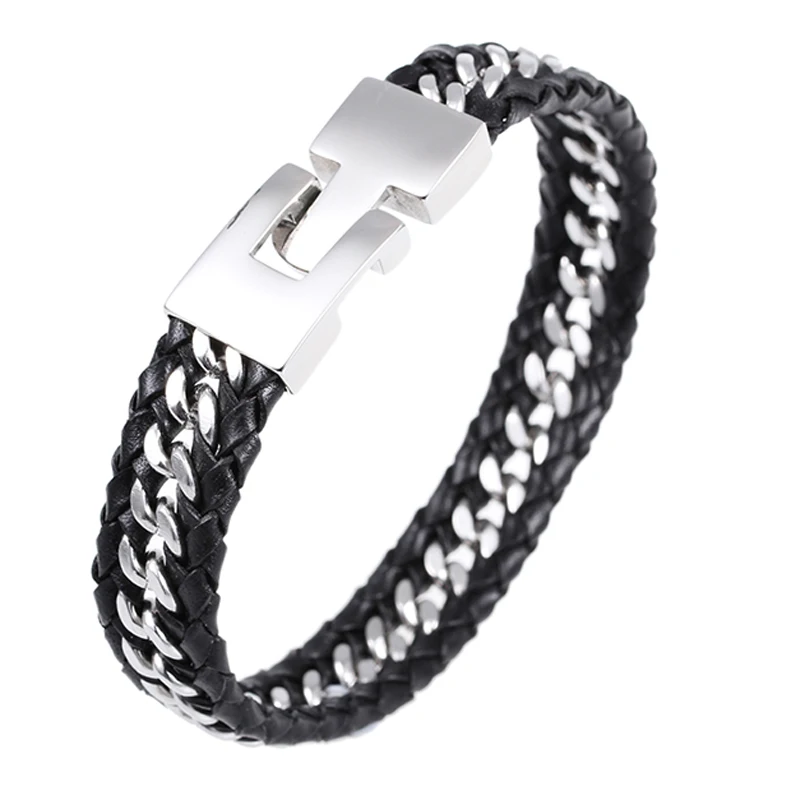 14mm Black Braided Leather Bracelet for Men Women Stainless Steel Clasp Male Bracelets Bangles Men Jewelry Gift