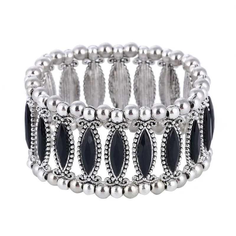 Fashion Vintage Boho 17cm Circle Elastic Bracelets Bangles For Women Black White Red Acrylic Beads Adjustable Femme Bracelets