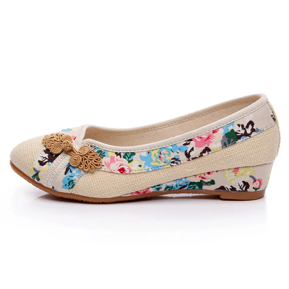 Veowalk Vintage Embroidered Women Pumps Flower Slip On Cotton Fabric Linen Comfortable Old Peking Ballerina High Heels Shoes