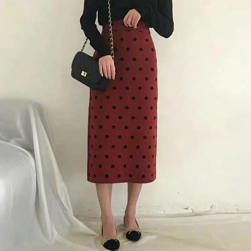 2024 Autumn Women Skirts High Waist Knitting Women Bodycon Long Skirt Faldas Jupe Femme Saia Dots Print Women Sexy Pencil Skirt