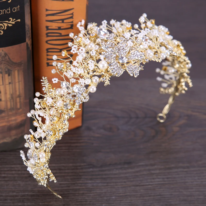 

Wedding Crown Headband Tiaras For Women Pearl Rhinestone Flower Bride Tiaras Crowns King Wedding Hair Accessories jewelry