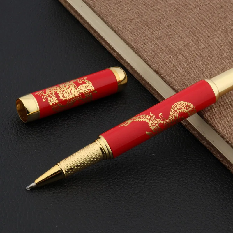 red Porcelain With Golden Dragon Painting gift Trim Rollerball Pen