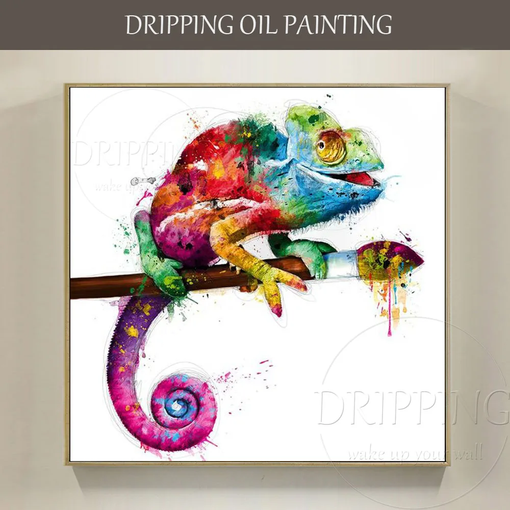 Skilled Artist Hand-painted High Quality Modern Animal Chameleon Oil Painting on Canvas Colorful Animal Chameleon Oil Painting