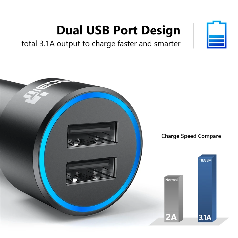 Tiegem Dual USB Car Charger 3.1A Metal Car-Charger Mobile Phone Car USB Charger Auto Charge 2 Port for Samsung iPhone Adapter