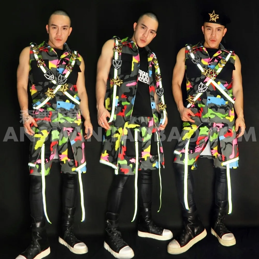 

Summer Nightclub Male singer DJ long design Fluorescence Camouflage Uniform shorts Set Party Show Stage costumes