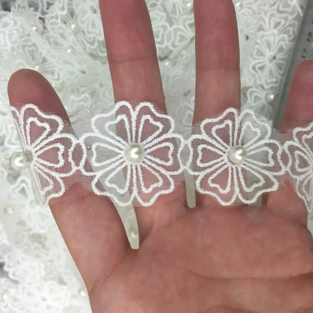 

87yards wide 30mm white flower Pearl Beaded & Embroidery net Lace Trim beaded trim for craft sewing
