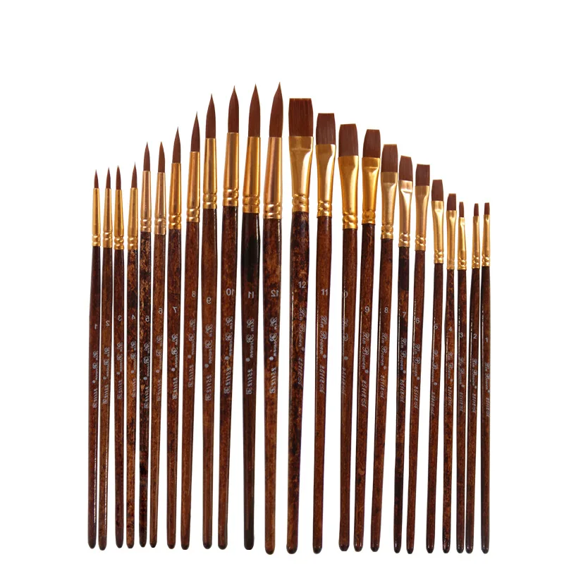 nylon hair gouache pen flat head round head 12 pcs wooden Grain rod grain poles high-quality watercolor brush Suite painting