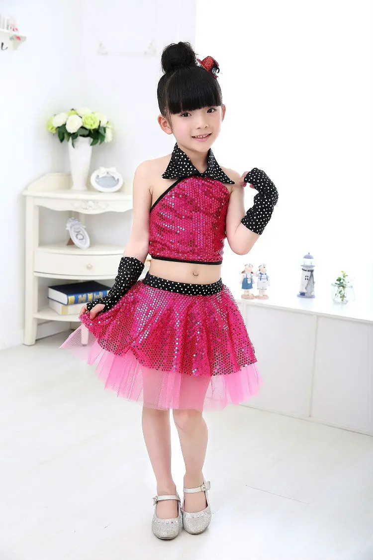 Girl Jazz Dance Children Sequin Modern Dance Hip Hop Costumes Girl Stage Jazz Dance Costumes Suit for Girls Top and Skirt