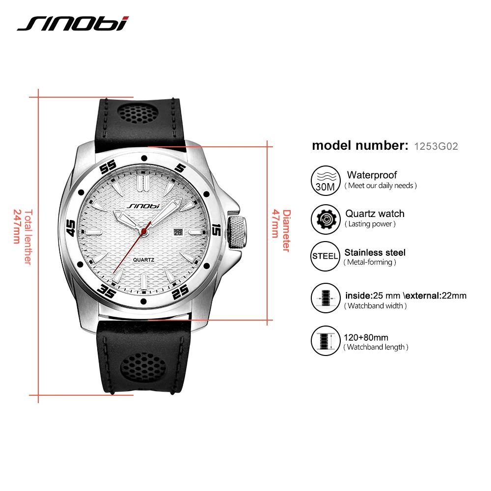 SINOBI Sport Waterproof Watch Men Top Brand Luxury Stainless Steel Relogio Masculino Silicone Band Quartz Geneva Watches Saat