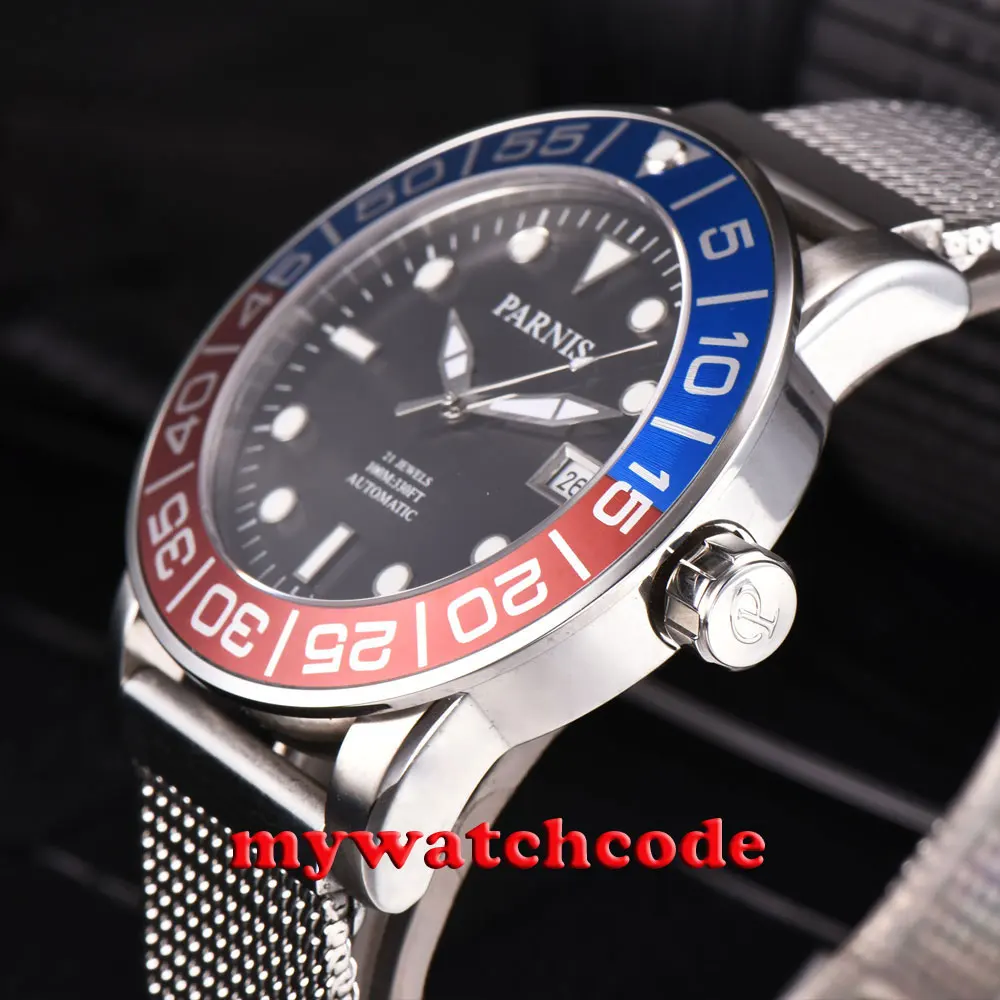 42mm parnis black dial blue & red bezel date miyota automatic mens watch P429B