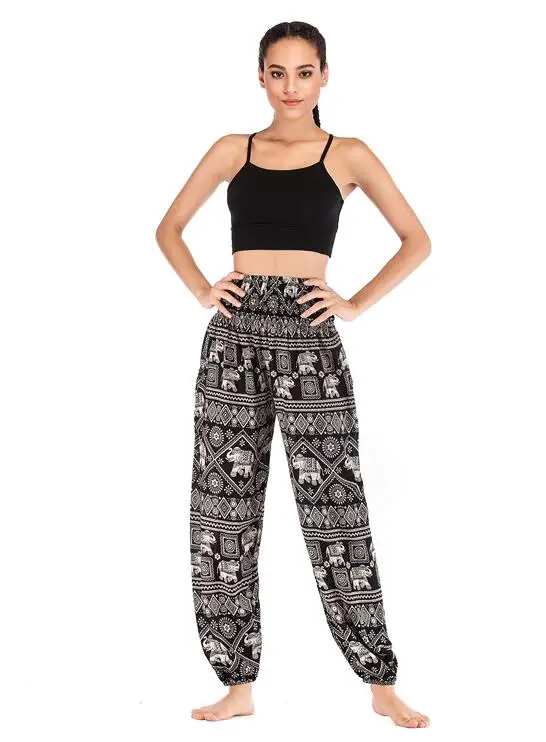Womens Yoga Pants Bohemian Boho Hippie Pants Smocked Printing Design Trousers Loose