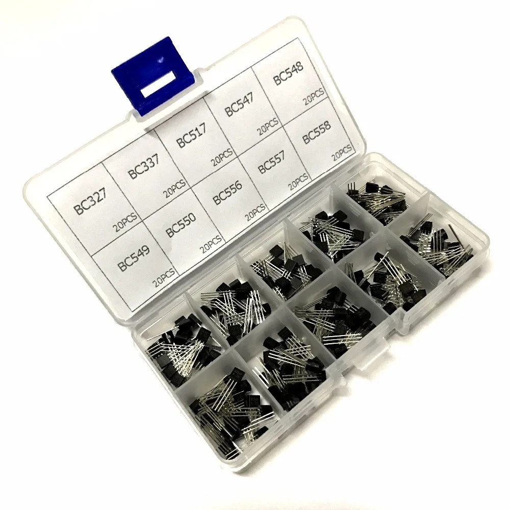 10 values 200pcs BC327 BC558 BC337 BC549 BC550 BC517 BC556 BC547 BC557 BC548 NPN Transistor Assortment Kit Box Pack Set