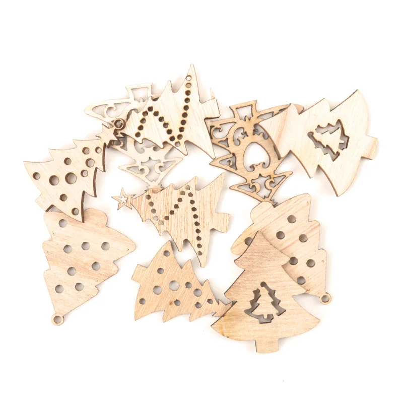 Mix Wooden Christmas Tree Pattern Hanging Ornament Charm Scrapbooking Handmade Accessory Home Decoration DIY 44mm 10pcs