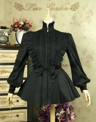 Kant Tuin Branded Vintage Cascading Ruches vrouwen Lantaarn Mouw Zwart Lolita Blouse met Boog