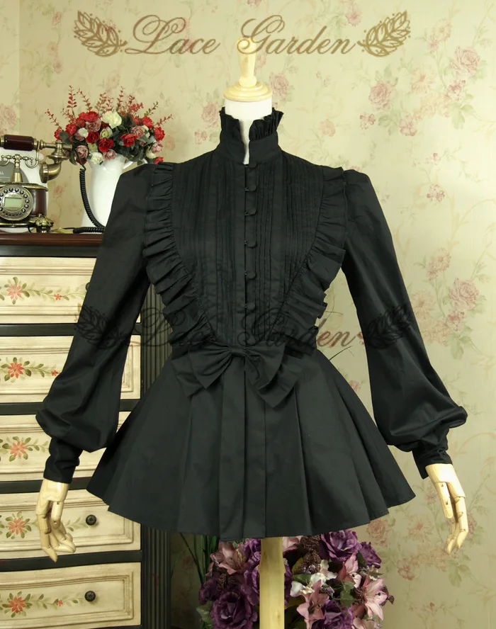 Lace Garden Branded Vintage Cascading Ruffles Women's Lantern Sleeve Black Lolita Blouse with Bow