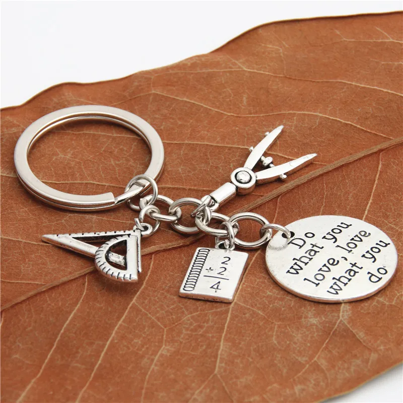 1pc Do What You Love Jewelry Teacher Key Chains Studant Keyring Ruler Pencil Compass Charms For Gift E2038