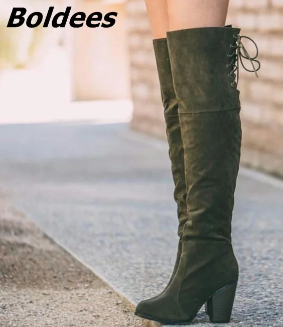 Concise Women Simply Suede Dark Army Green Block Heels Knee High Boots Pretty Round Toe Back Lace Up Chunky Heel Boots Hot Sell