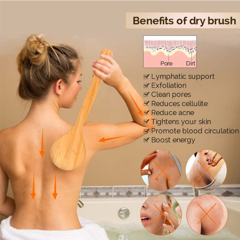 TREESMILE Dry Bath Body Brush Back Scrubber with Anti-slip Long Wooden Handle, 100% Natural Bristles Body Massage Brush D40