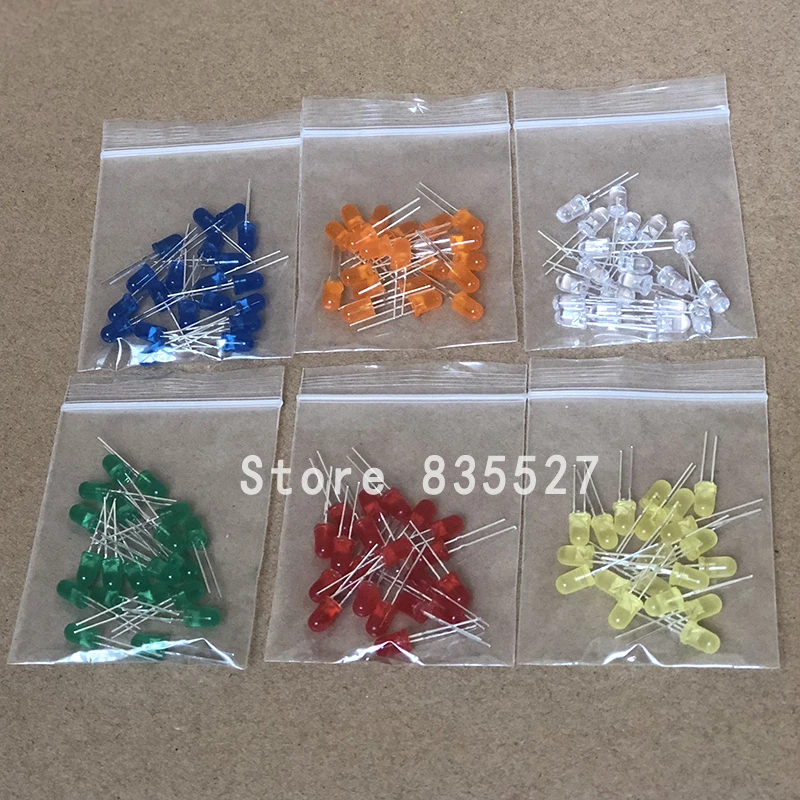 120pcs/lot F5 5MM in the 6 Color : White / Orange / Green / Red / Blue / Yellow LED light emitting diode turn Sets Kit Mixed DIP