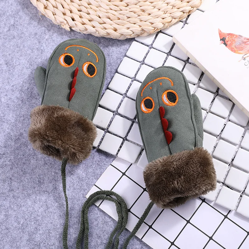 Child Lovely Cartoon Dinosaur Halter Mittens Winter Warm Cute Thick Cashmere Suede Leather Sports Ski Snowball Gloves A88