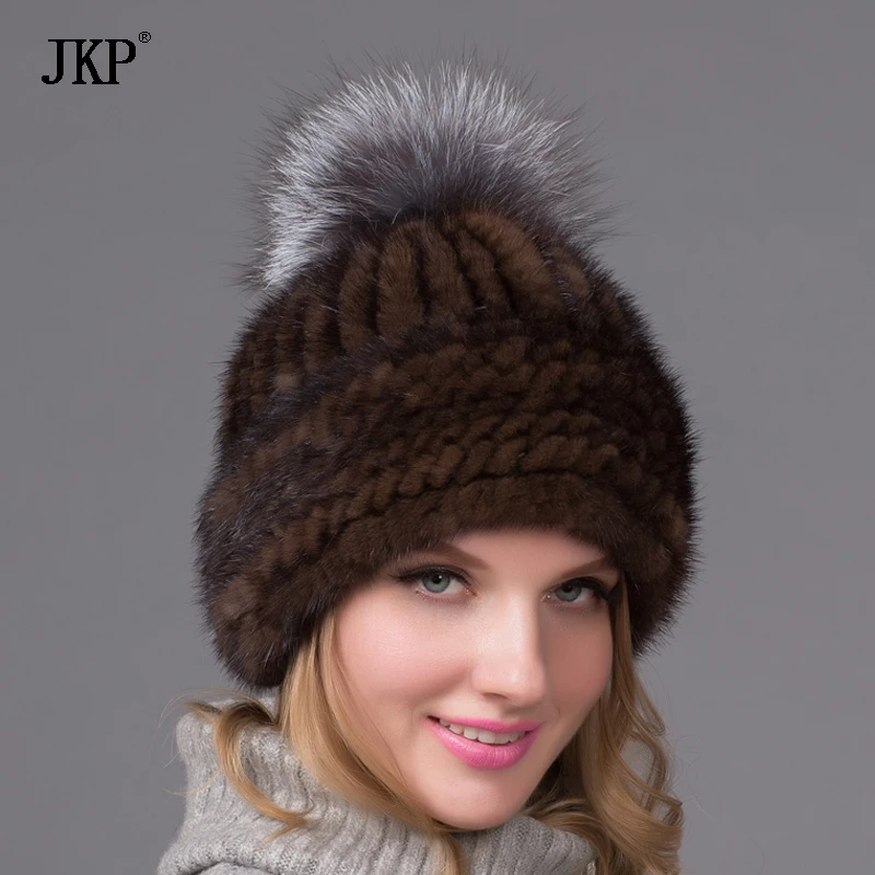 Real Natural Mink Fur Knitted Hats With Fox Fur Ball High Quality Earflap Hat Women Winter Warm Solid Caps BZ-10