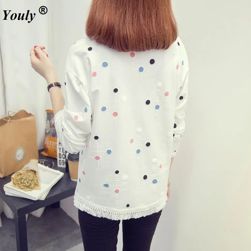 women Dot printed Tassels T-shirt 2021 spring autumn Casual Round Neck long Sleeve top Fashion Loose Street Top Female plus siz