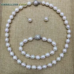 low price 9-10mm white pearl necklace bracelet earring set real natural Cultured Freshwater pearl teardrop shape Classic women