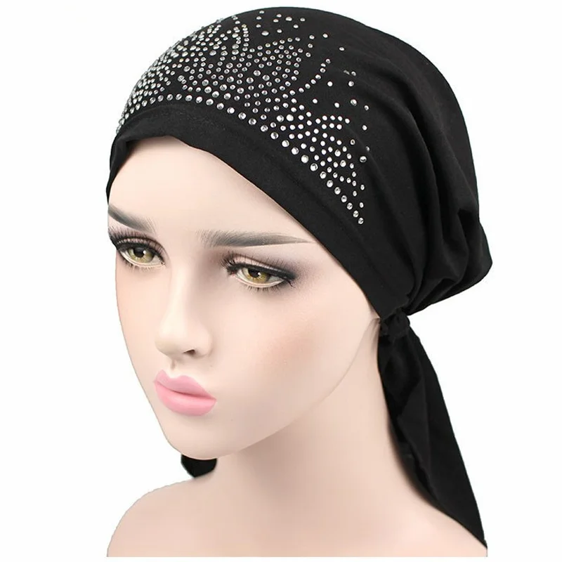 Street New Hip-Hop Durag Street Bandanna Cap Rapper Turban Hat Silky Headband Elastic Rhinestone Du-rag Long Tail Headwear Women