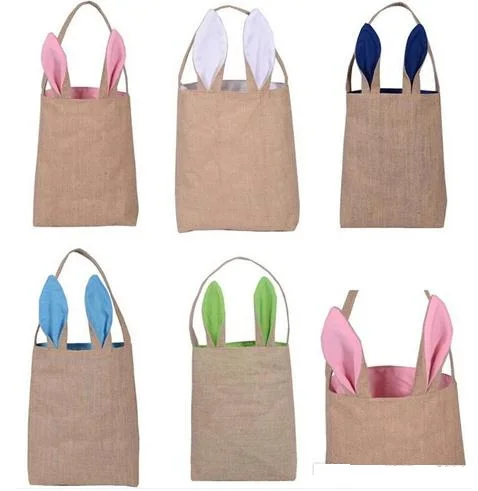 25pcs Cotton Linen Canvas Easter Egg Bag Rabbit Bunny Ear Shopping Tote children Jute Cloth gift Bag handbag Festive Supplies