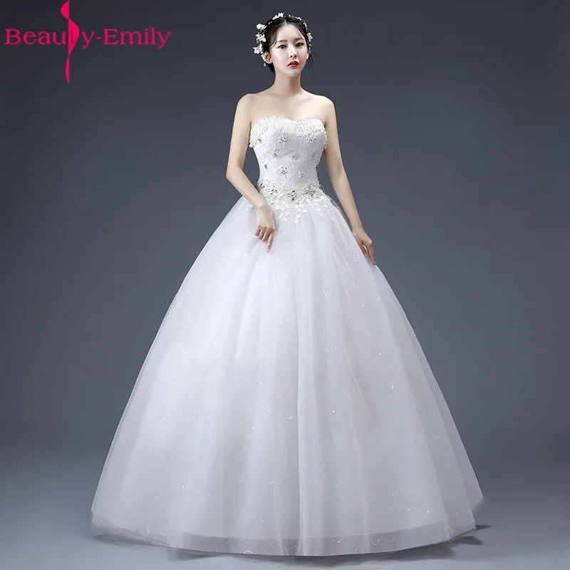 

Beauty Emily New Arrival Strapless Ball Gown Wedding Dresses 2019 Sexy Backless Long Bridal Dress with Pearls Robe de Mariee