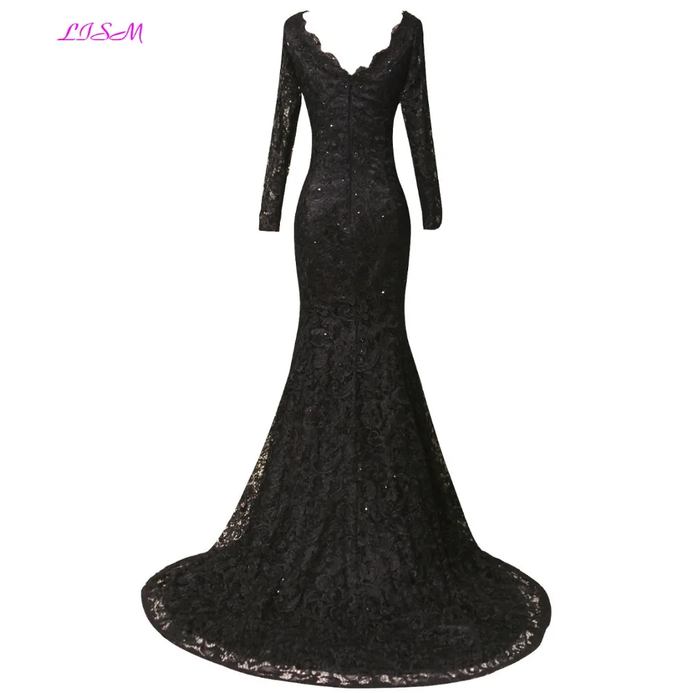 Black Lace Avondjurken V-hals Lange Mouwen Prom Partij Jassen Real Foto Applicaties Kralen Formele Jurk Robe De Soiree