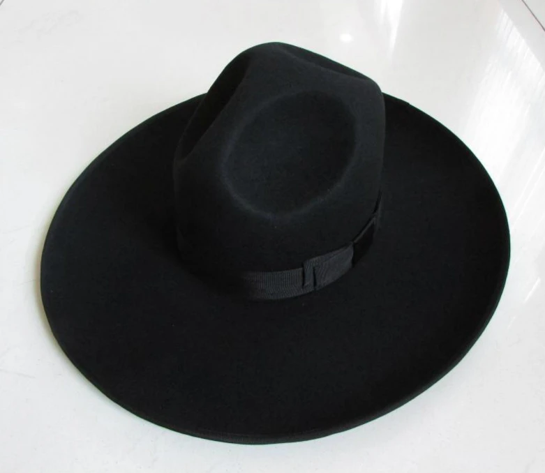 Men\'s 100% Woolen Fedoras Hat Wide Brim Oversize 12cm Woolen Hat Fashion Black Wool Felt Fedora Woolen Cap Equestrian Hat B-8127