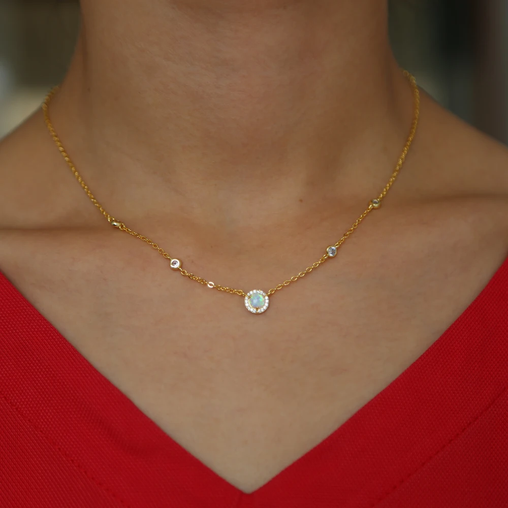 2018 high quality fire opal clear sparking cz stone silver color round pendant delicate thin gold color chain necklace
