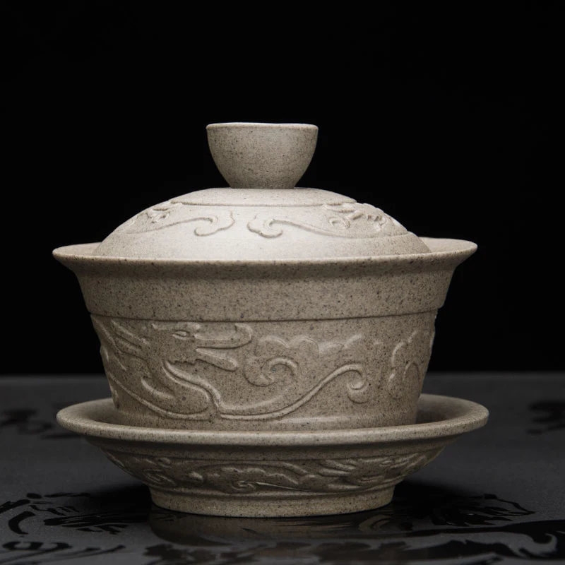 newly listed crude pottery gaiwan dragon relief handmade carved porcelain tureen covered bowl on sales Chinese tea set cup bowls