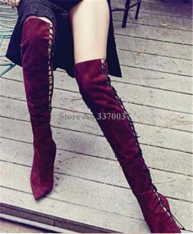 Women Sexy Fashion Pointed Toe Suede Leather Knee High Thin Heel Gladiator Boots Cut-out Bandage Long High Heel Boots Dress Shoe