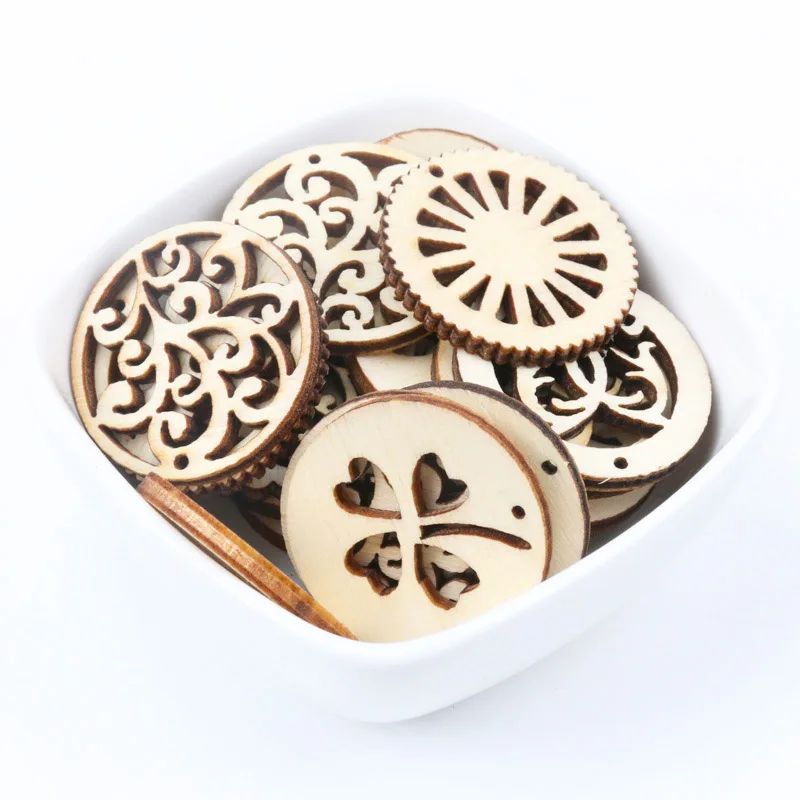 Natural Wood Round Flower Pattern Wooden Scrapbooking Art Craft for Handmade Accessory Sewing Home 30mm 20pcs MT0692-TO