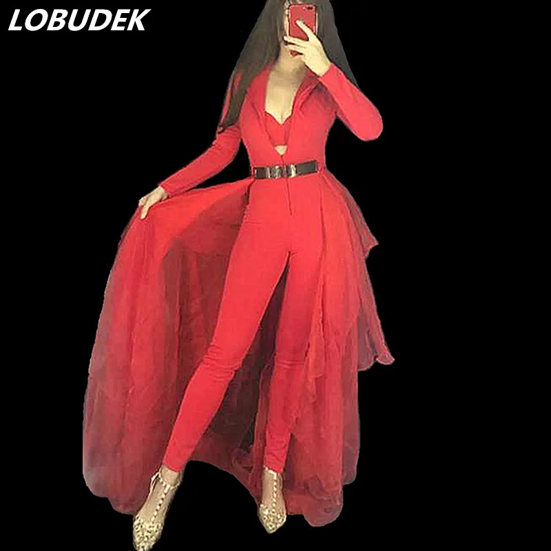 

Winter Women Singer Host Concert Costume Red White Sexy V-neck Jumpsuit Removable Tail Adult Stage Outfit Nightclub Clothing