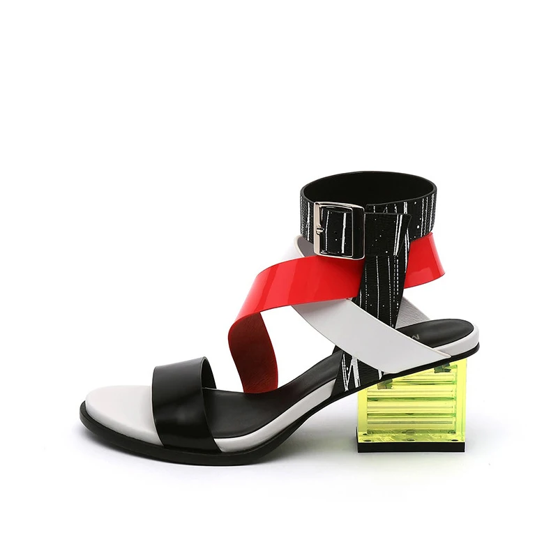 Gladiator Sandals Women Mixed Color Cross Strap Transparent Square Heel Genuine Leather Narrow Band Shoes HL157 MUYISEXI