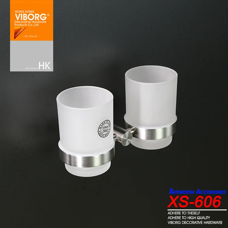 VIBORG Deluxe 304 Stainless Steel Wall Mounted Double Toothbrush Cup Holder with 2 Tempered Glass Toothbrush Cups, brushed