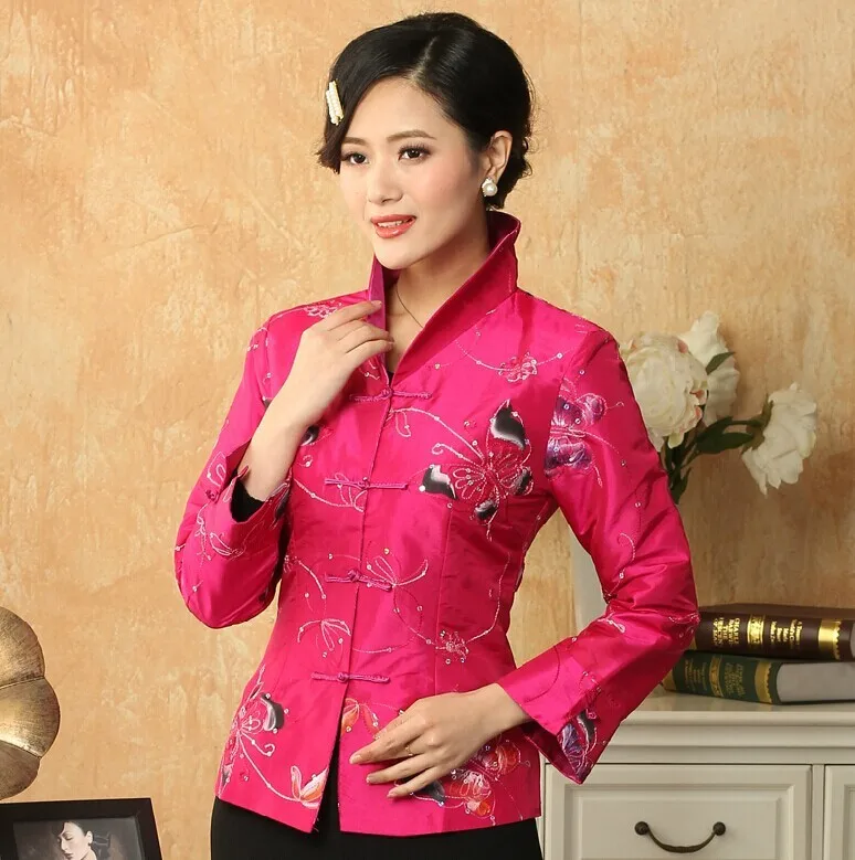High Quality Hot Pink Womens Satin Jacket Traditional Chinese Style Embroidery Coat Mujer Chaqueta Size S M L XL XXL XXXL Mny11B