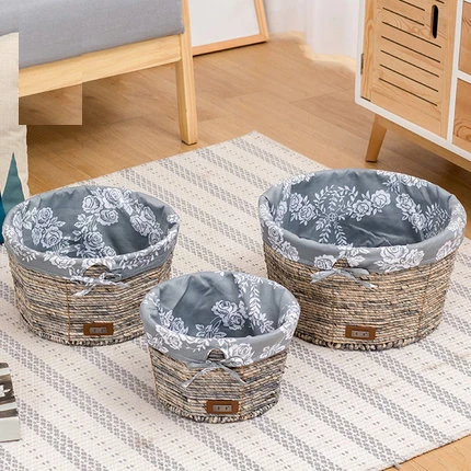 Rattan Storage Box Desktop Fabric Basket Straw Snack Basket Woven Storage Box Round Cat Litter Finishing Basket