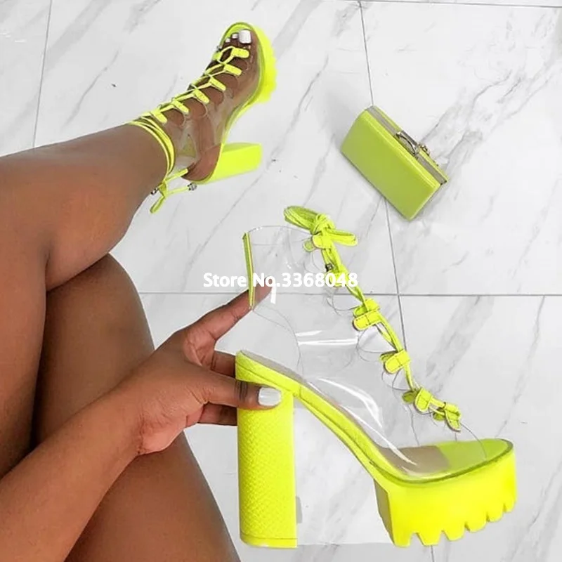 

Cross-tied Sexy Peep Toe PVC Transparent Woman Pumps Chunky Yellow High Heels Slingback Summer Sandals Gladiator Party Shoes