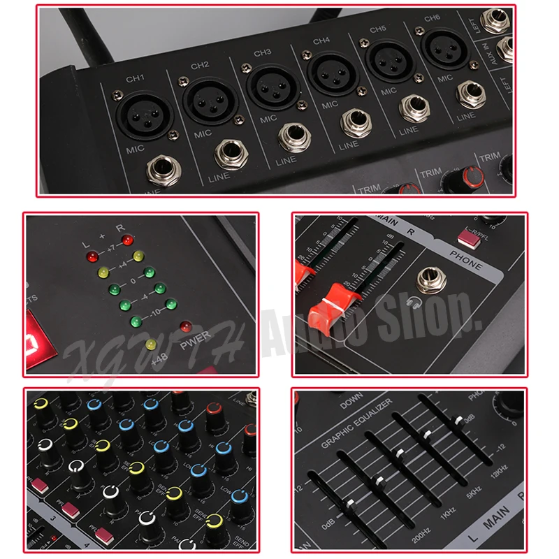 6 Channel Amplifier Mixer with 4 Wireless Handheld Microphone Dynamic Cardioid Mic Bluetooth USB 16 DSP Effect Mixing Console