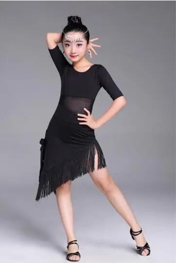 Mid Long Sleeve Lace Mesh Mordern Ballroom Dancing Dresses For Kids Sexy Salsa Tango Skirt Children Latin Dance Dress For Girls